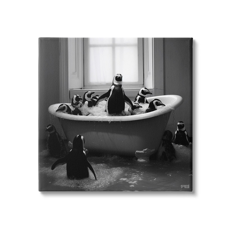 "Penguin Flock In Tub" par RB sur toile, H 17 po x l 17 po