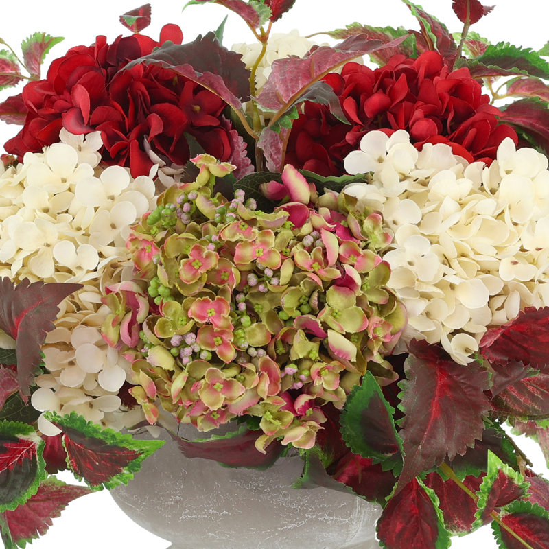 Assorted Hydrangeas and Ivy Arranged in Stone Pot