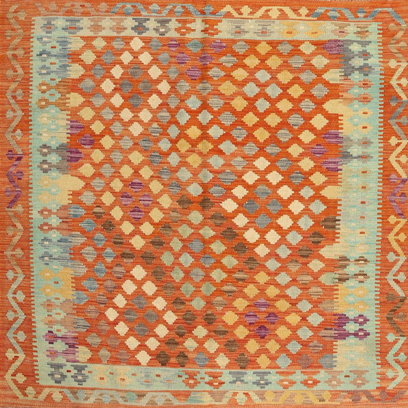 Tapis de zone rouge/orange/vert contemporaine, Carré 3 pi