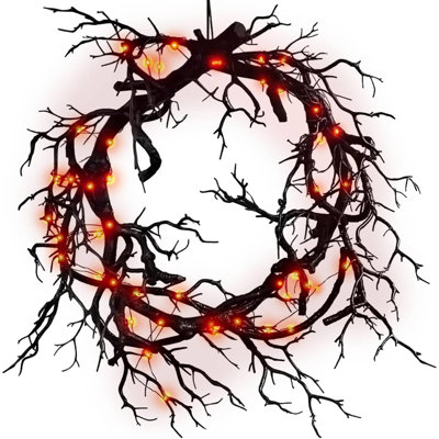 Couronne d'Halloween pour porte d'entrée, couronne lumineuse d'Halloween avec branches noires | Couronne de porte d'Halloween de 45 cm avec lumière orange pour la décoration intérieure et extérieure, fête, fenêtre, mur, guirlande de style champêtre