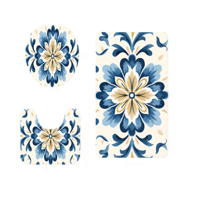 Blue Yellow Tile Floral Bathroom Rug Set Set of 3 for Coastal Decor