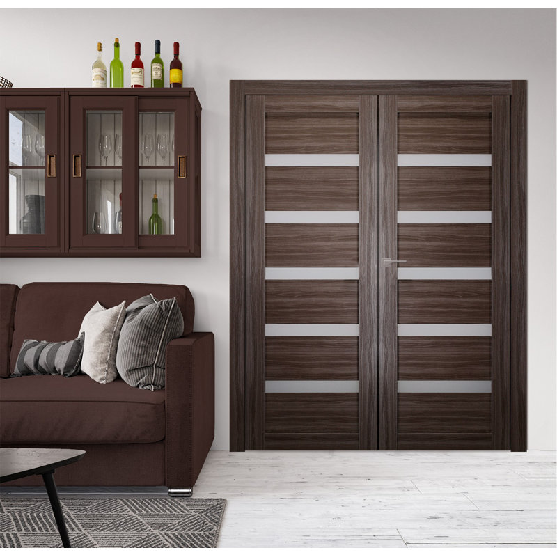 Gray Oak and Frosted Glass Double Prehung Interior Door