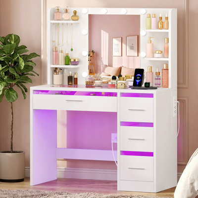 Table de maquillage avec miroir lumineux et station de charge, bureau de maquillage avec bureau transparent, blanc