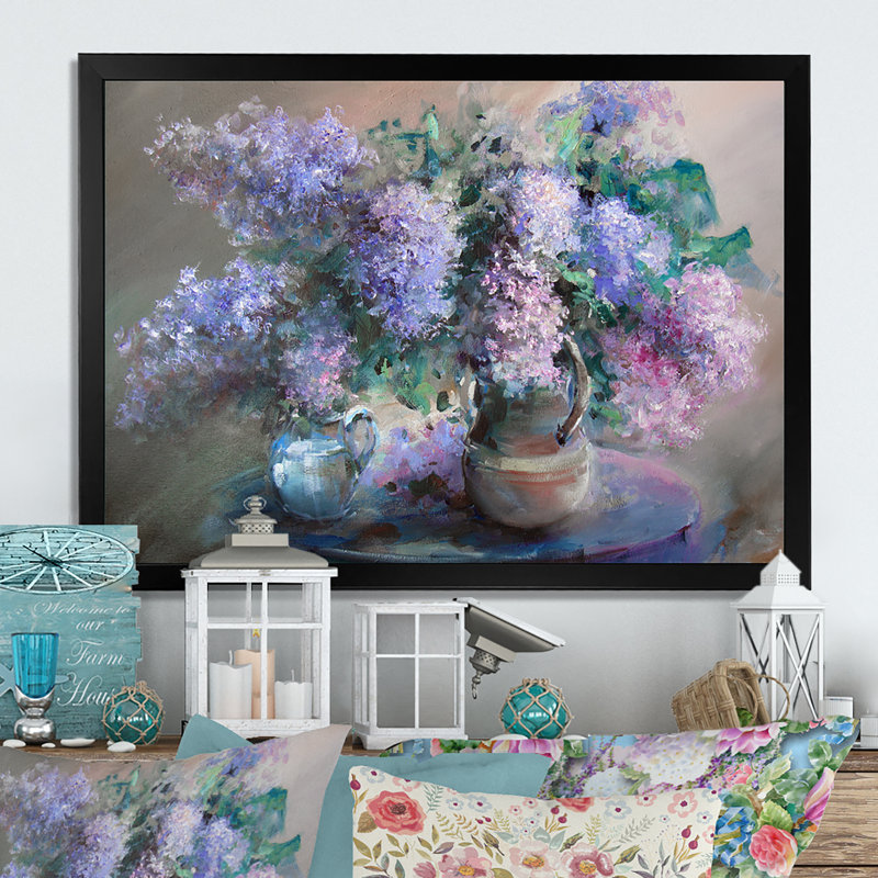 Nature morte avec des lilas - œuvre d'art traditionnelle sur toile, Impression noire sur toile encadrée
