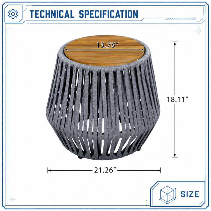 Table d'appoint d'extérieur résistante aux intempéries avec fabrication en bois naturel durable et corde tissée, capacité de poids de 100 lb, base large anti-basculement stable