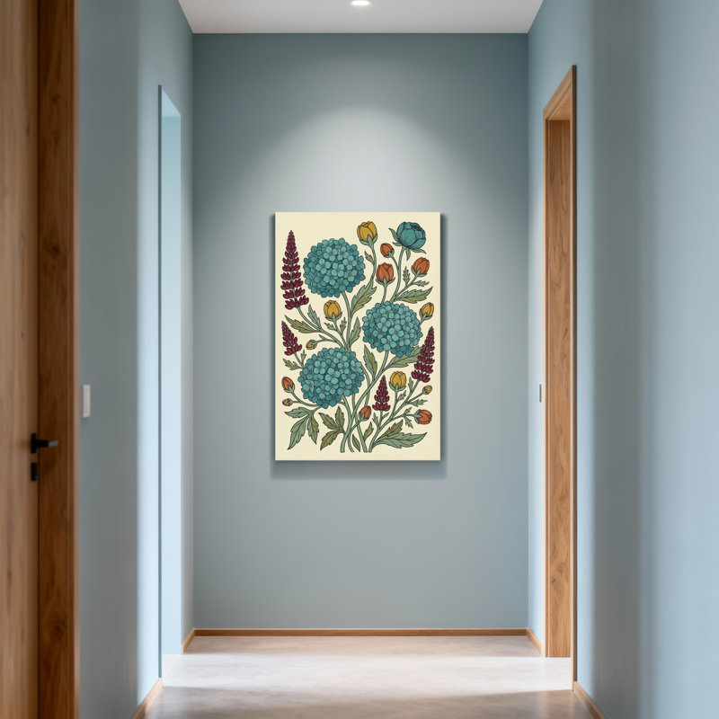 Motif floral de plantes et de fleurs avec fleurs bleues et rouges, H 18 po x l 12 po