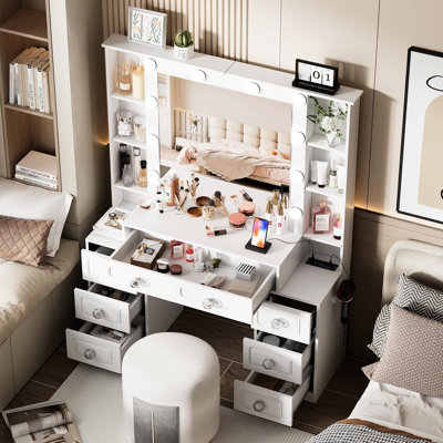 Coiffeuse, femmes, lumières, miroir, tiroirs, tabouret, contrôle de la luminosité, bureau de coiffeuse à rangement ouvert, plateau en verre, coussins réglables, hublots, porte-séchoir à cheveux, maquillage de chambre à coucher