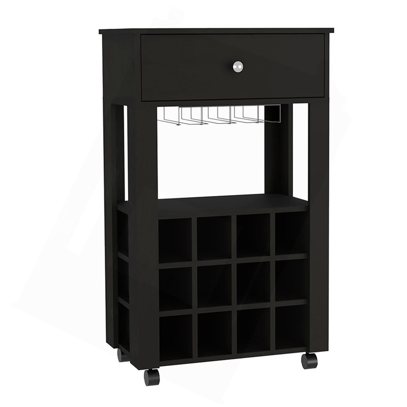 Bar Cart Bayamon, Twelve Wine Cubbies, Four Legs, Black