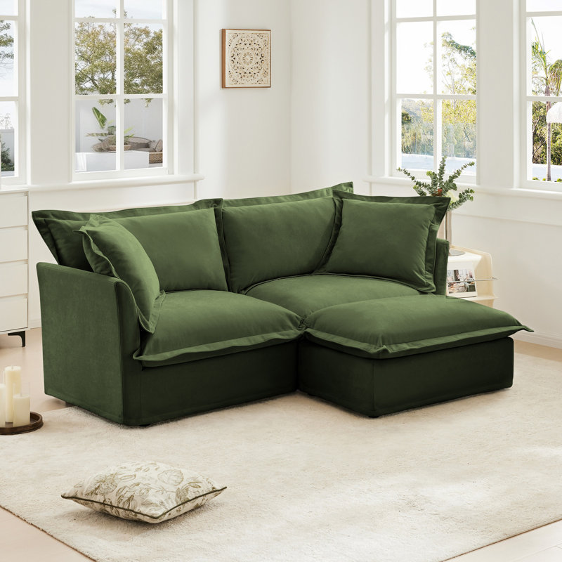 Canapé modulaire 2 places à housse avec repose-pieds convertible, Chenille verte