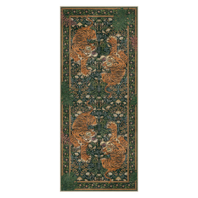 Teiarra Vintage Machine Washable Fighting Tigers / Forest Green Indoor Area Rug With Non-Slip Backing