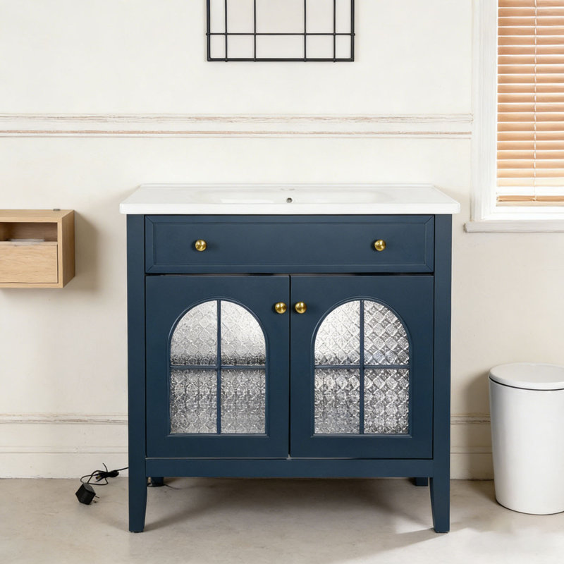 Armoire de salle de bain 35,6 po, Bleu + armoire seulement + 2 portes