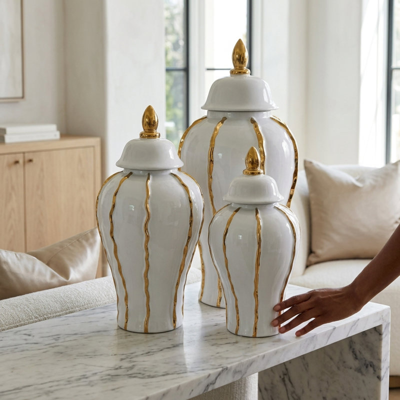 Gingell Handmade White Ceramic Ginger Jar with Gold Ribbed Detailing (3 Sizes), 18.5" H x 9" W x 9" D