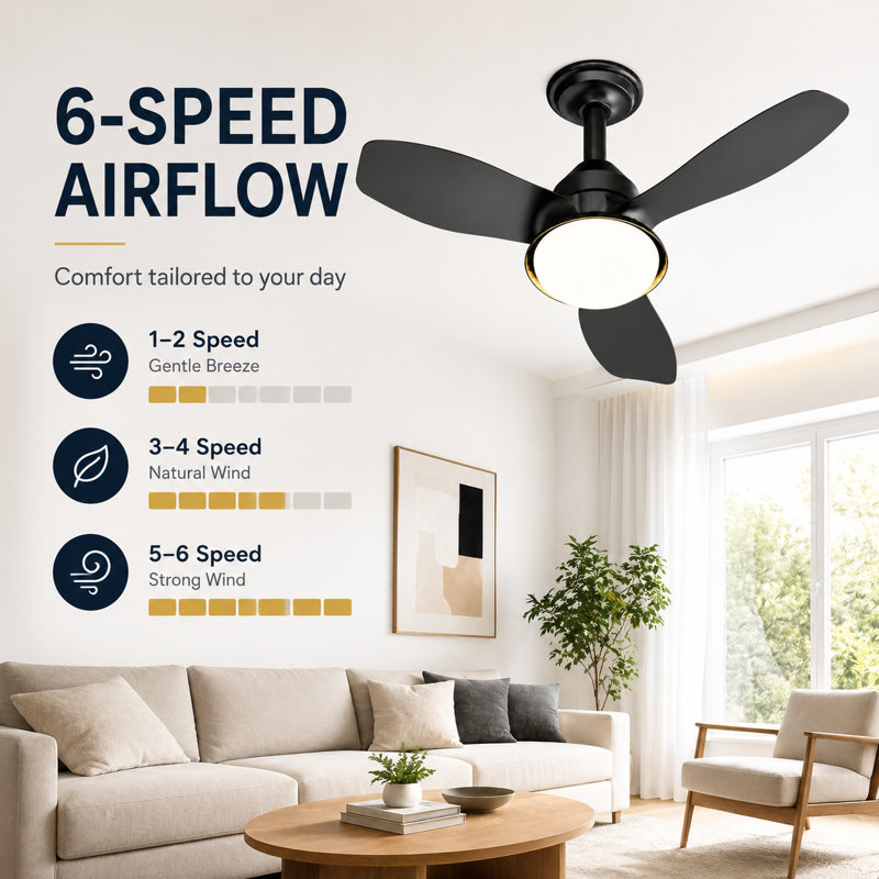 Ventilateur de plafond intelligent 24,4 po avec lumière DEL et télécommande, Noir
