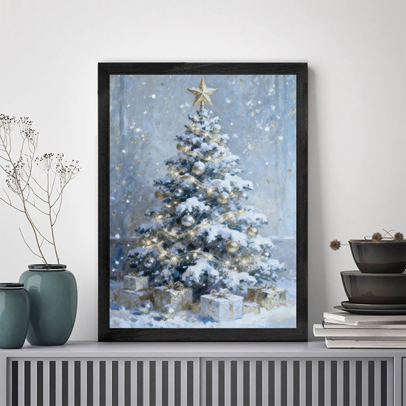 Reproduction d'art encadré noir, arbre de Noël et cadeaux d'hiver rétro, H 11 po x l 9 po