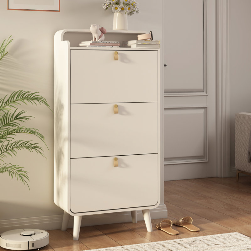 Range-chaussures avec 3 tiroirs pour l'entrée et l'extérieur, design moderne en arc, blanc, support 3 finitions blanches, stable