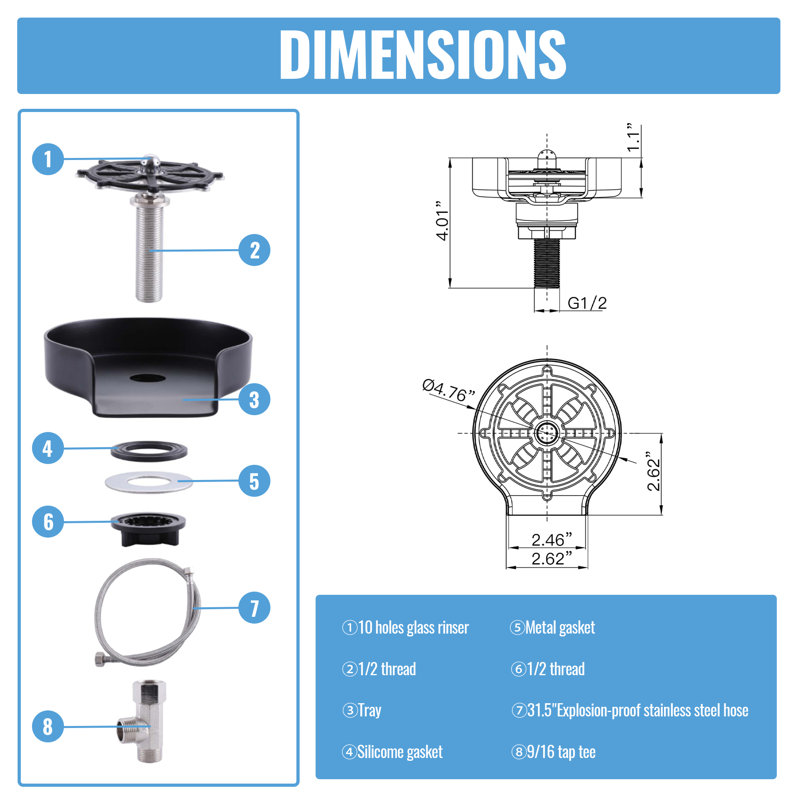 4.76" Stainless Steel Glass Rinser for Kitchen Sinks, 360 Degree Cup Washer For Sink and Cafes Bar, Matte Black