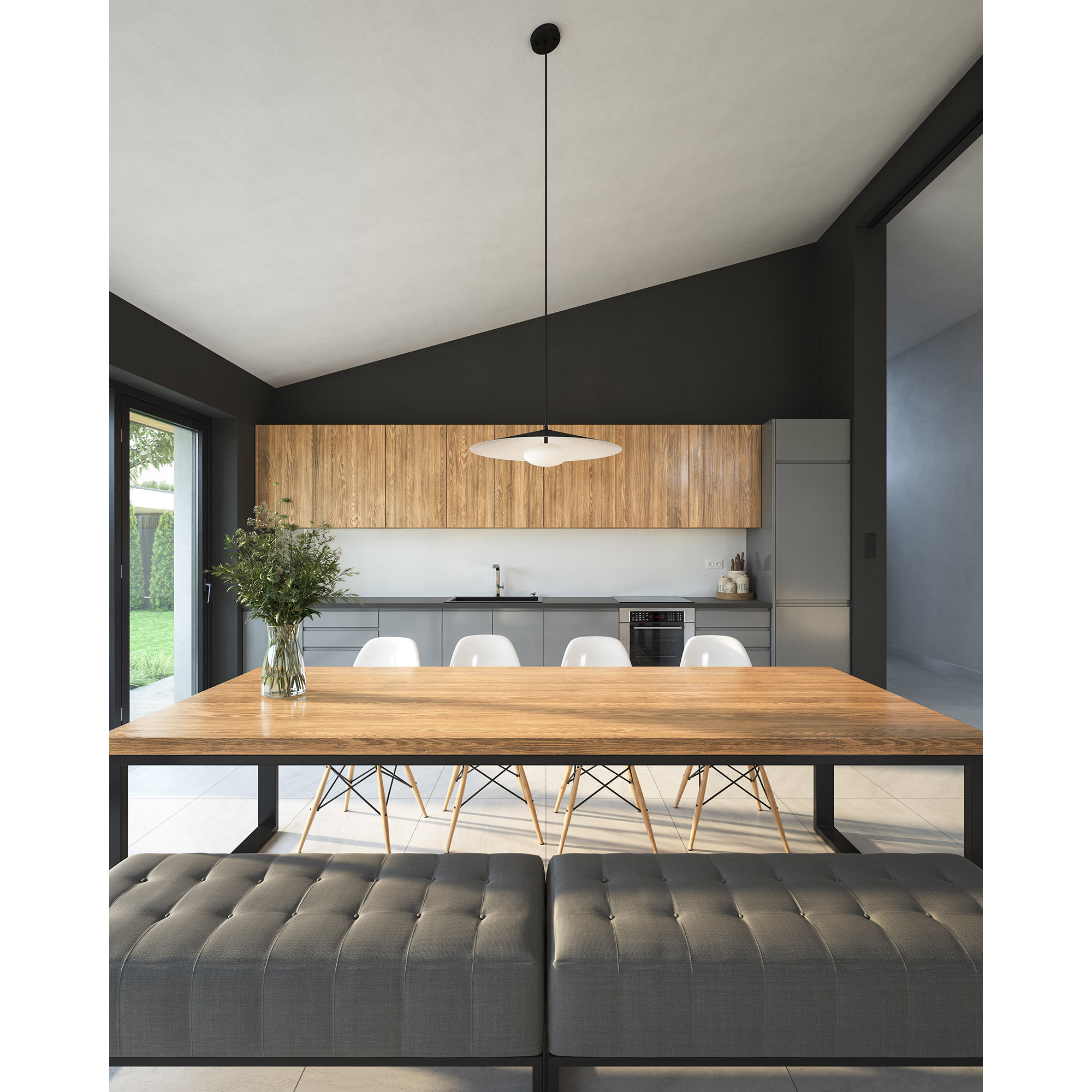 Cruz Single Light Glass Textile Dimmable Pendant, Black/White