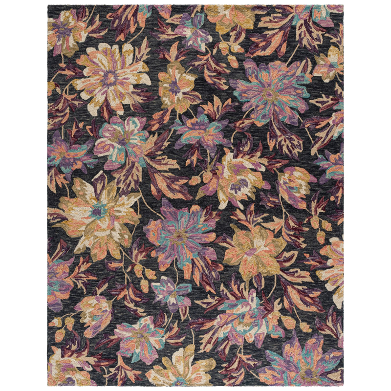 Kaveen Hand Tufted Wool/Cotton Floral Rug in Charcoal/Plum, Rectangle 8' x 10'