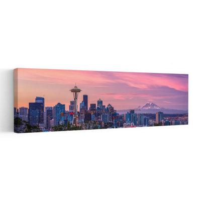 Seattle Sunset Cityscape 1 Piece Wrapped Canvas Panoramic Wall Art