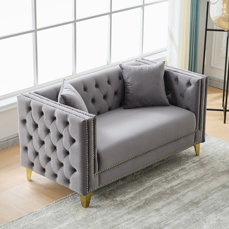 Chesterfield Velvet Sofa with Deep Seating Button Tufting and Nailhead Accents for Elegant Living Spaces, Gray