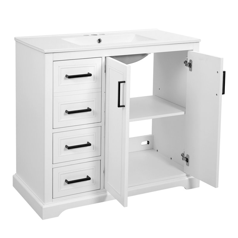 Meuble-lavabo moderne avec lavabo en céramique, caractéristiques de fermeture en douceur, tablette réglable et tiroirs pour salles de bain organisées et fonctionnelles