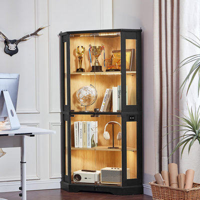 Farmhouse Corner Glass Display Cabinet with Lock, 4 Glass Doors & Motion-Sensor Lights