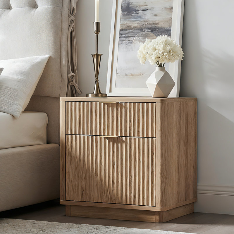 23'' Fluted Nightstand With Mid-Century Modern, Natural Oak
