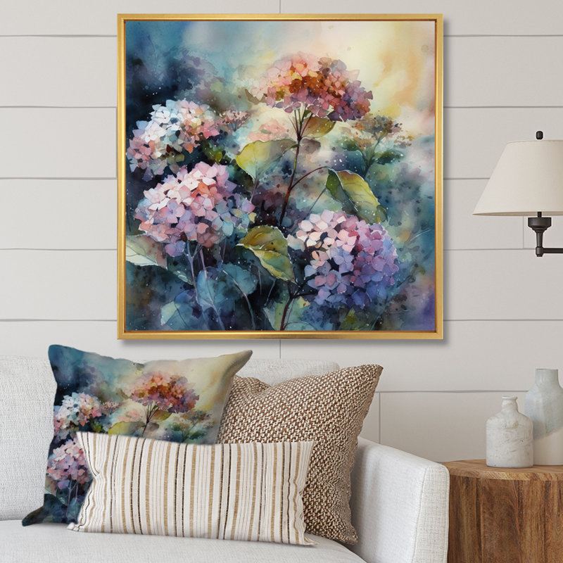 Hydreangea mauve et vert II - imprimé, H 16 po x l 16 po x P 1 po, Cadre flottant doré