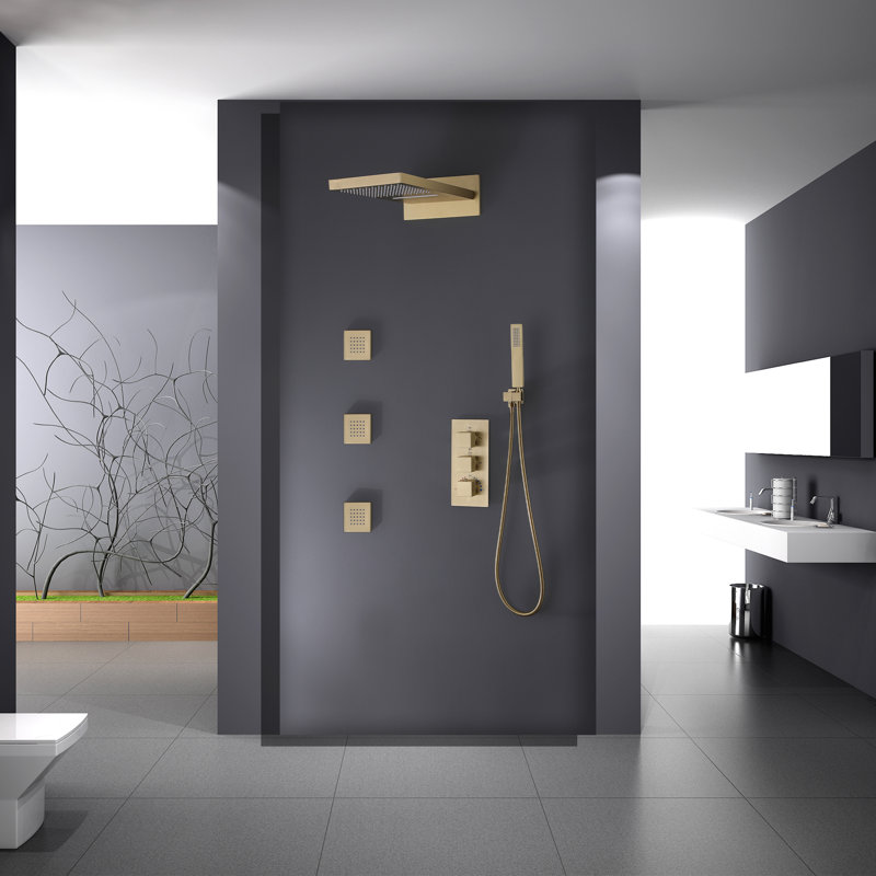 Luxury Thermostatic 4-Function Shower System with Rainfall, Waterfall, Handheld & Body Jets – cUPC Certified, Brushed Gold