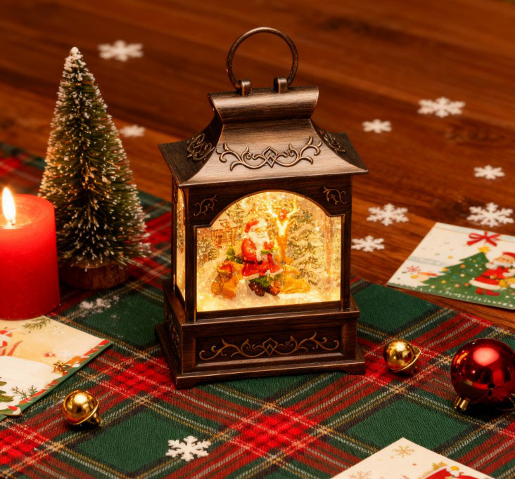Lanterne boule de neige musicale bronze bronze | Scène de père Noël et renne avec lumières scintillantes (H 9,8 po) à DEL