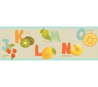 GB90111 - Bordure de papier peint à peler et coller avec alphabet de fruits Grace & Gardenia, hauteur 10 po x 15 pi, bleu crème, orange, jaune, vert