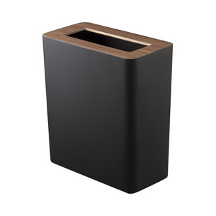 Rin Yamazaki Home Slim Rectangular Trash Can For Kitchen Bathroom Bedroom, Steel + Wood, 2.5 gallons
