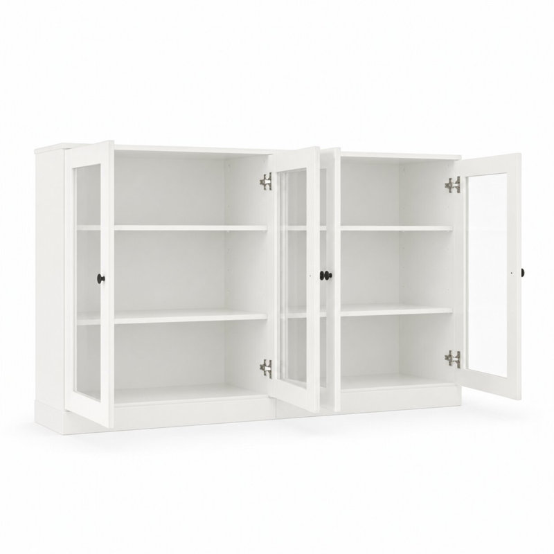 Meuble télé 100% bois massif, console de 64 po de largeur avec portes en verre et rangement, Blanc