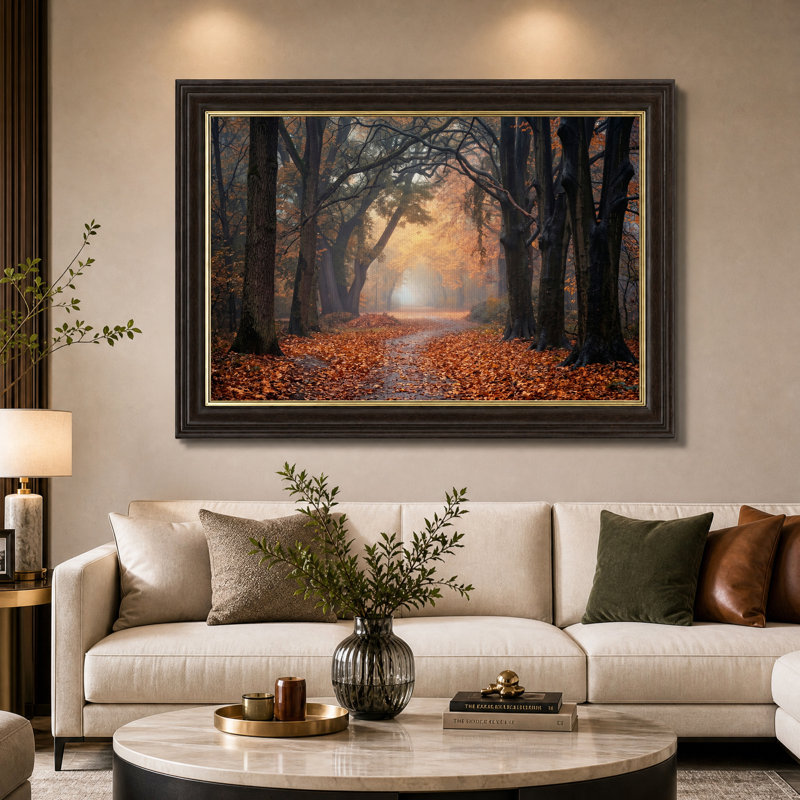 Chemin forestier brumeux d'automne avec des feuilles oranges, tableau sur toile, 16"H x 24"W