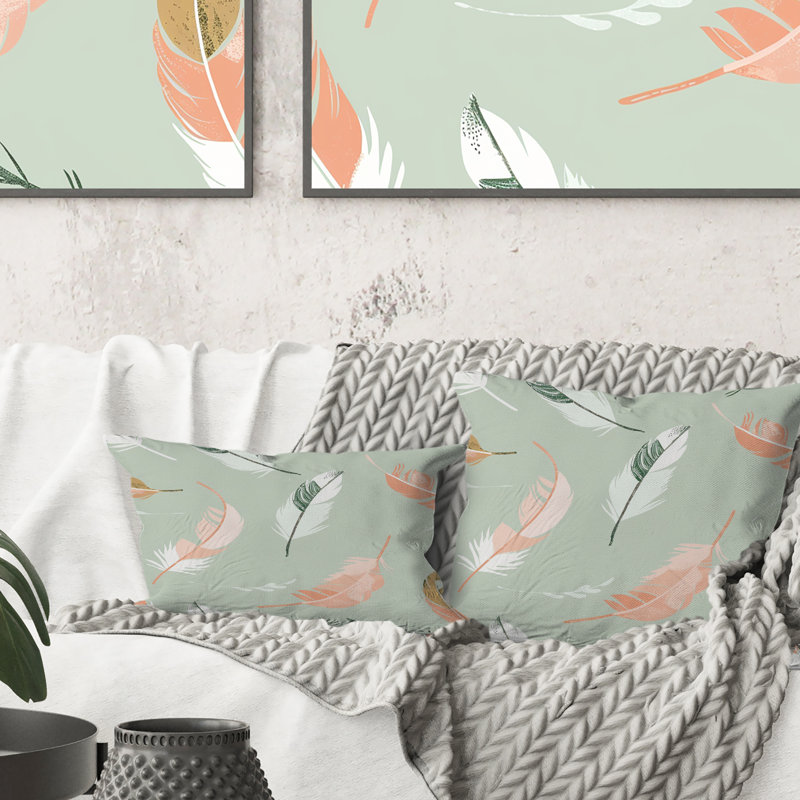 Plumes roses et vertes de Bohème II - coussin Boho, H 16 po x l 16 po, Carrée