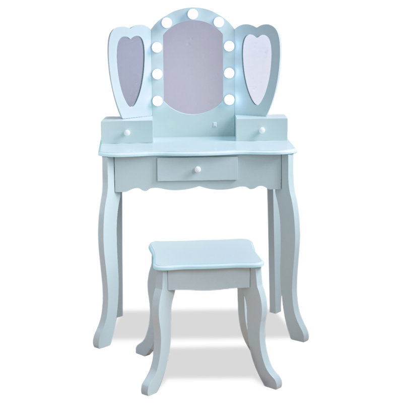 Teamson Kids Heart Glow Wooden Vanity Set With LED Lights Mirror & Stool, Blue