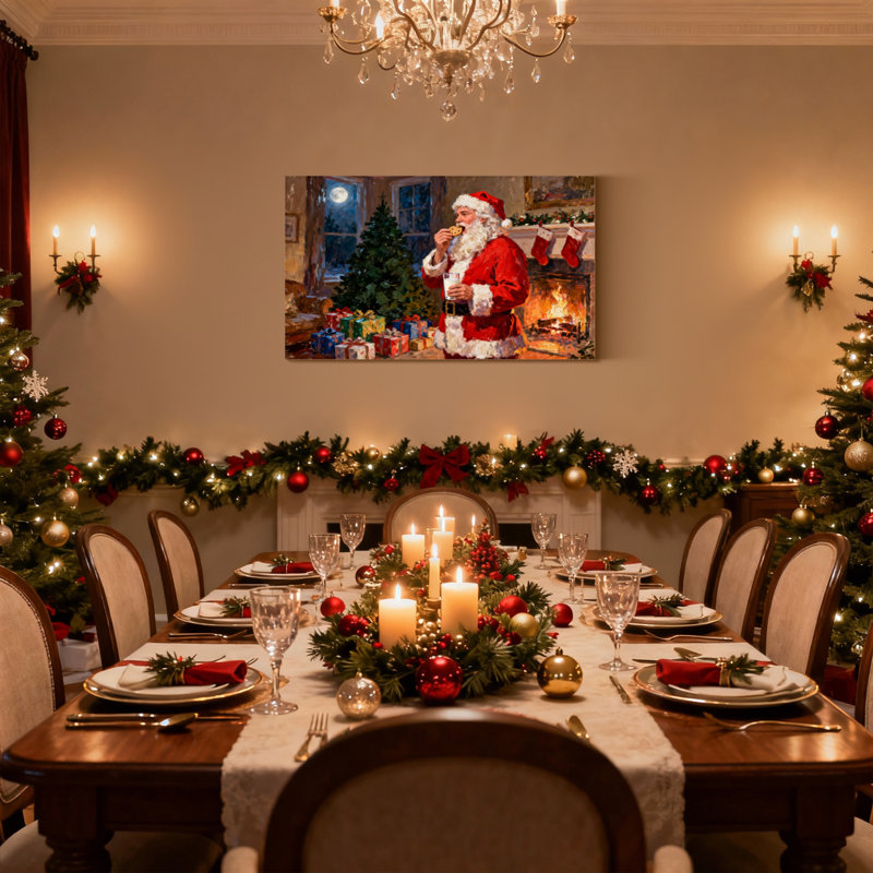 «Christmas Santa Claus Eating Cookie By Fireplace», ensemble de 3 impressions sur toile, H 20 po x l 30 po