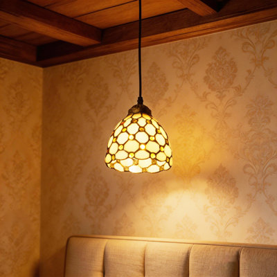 Single Head Light Cream Amber Bead Stained Glass Pendant Light, Tiffany Style Fixture With Bulbs