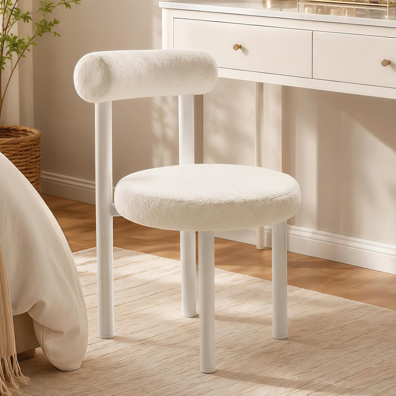HDHNBA Armless Teddy Fleece Vanity Chair Double Layer Cushion Stable Metal Legs For Indoor Use, White