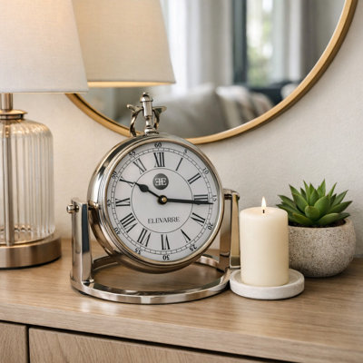 Decorative Round Metal Veridian Desk Clock with Stand for Office Styling - Tabletop Mantel Accent Clock in Glass for Entryway or Home Decor - 10"