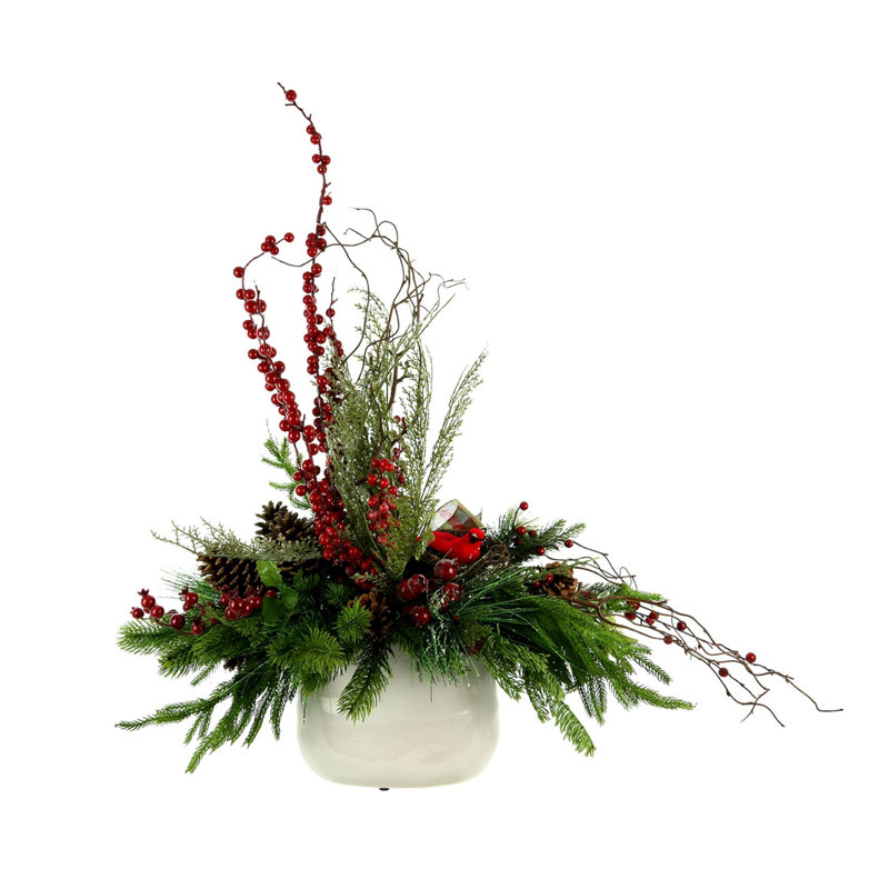 Holiday Centerpiece With Pine, Berries, Pinecones, And Decorative Bird