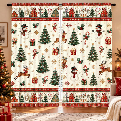 Ensemble de 2 rideaux imprimés bonhomme de neige, renne et sapin de Noël, motif festif, tissu laissant passer la lumière, protection de l'intimité, œillets pour tringle, lavables à la machine, parfaits pour le salon, la chambre et la décoration. Un incontournable pour les fêtes !