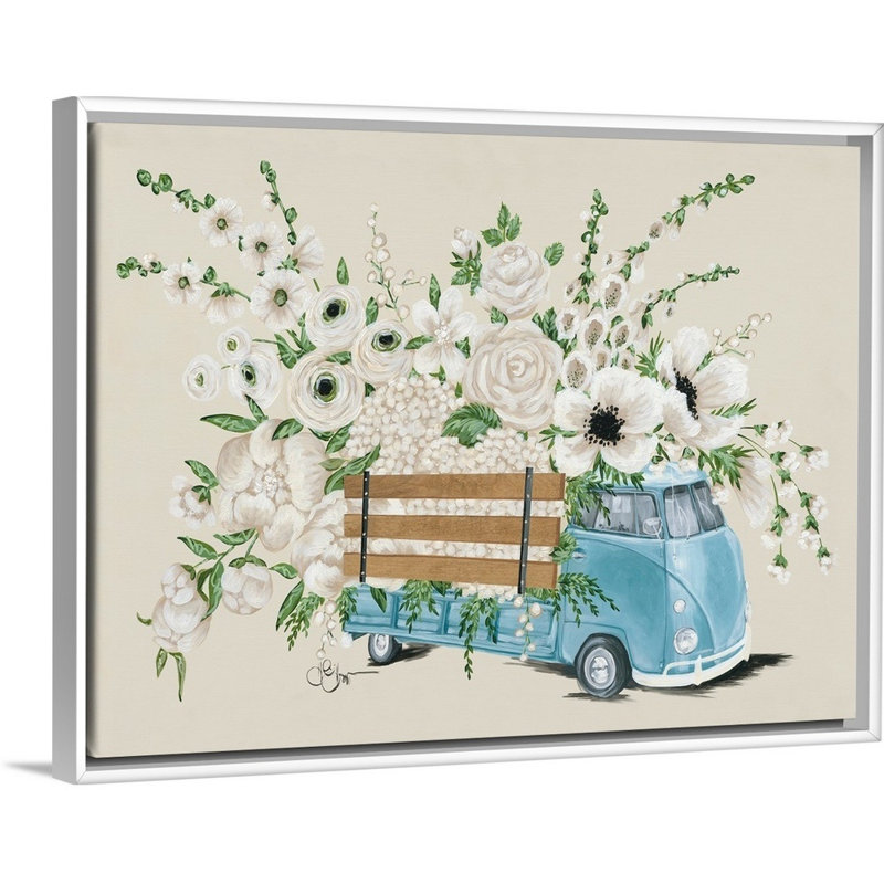 VW bus-blanc, reproduction d’art sur toile, Cadre blanc, 20" H x 26" W x 1.75" D