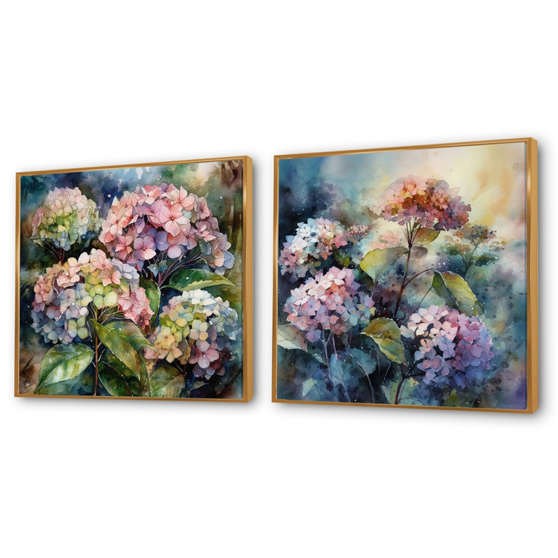 Hydreangea mauve / vert - ensemble de 2 hortensias floraux carrés, Cadre flottant doré, H 16 po x l 33 po