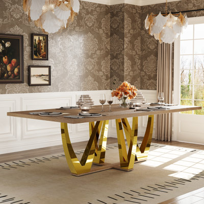Wood Dining Tables For 8-10, 94 Inch Rectangular Farmhouse Walnut Kitchen Dining Table With Mirrored Gold V Shaped Pedestal, Large Trestle Dining Room Tables(Light Brown, Modern Rustic)
