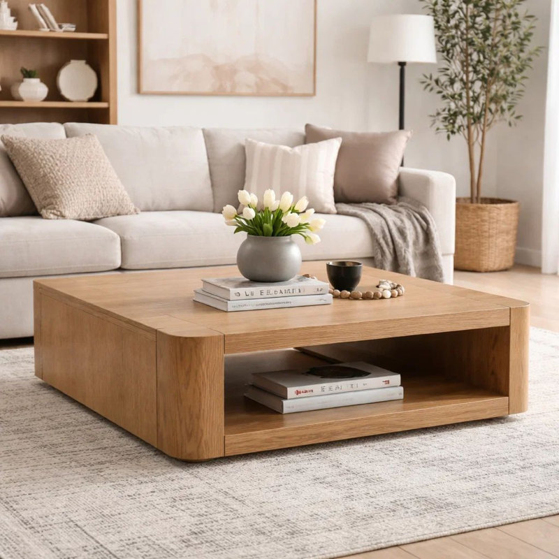 Table basse Sery, plateau carré de 48 pouces avec tablette inférieure ouverte, brun chêne