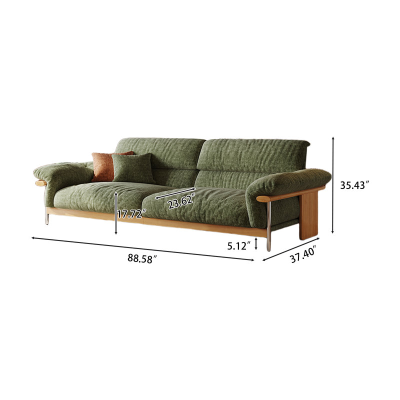 88.58"Green linen-blend loveseat with throw pillows, 35.43" H x 88.58" W x 37.4" D