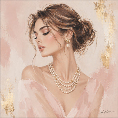 Glam Fashion Portrait Canvas Wall Art, Neutral Pearl Woman Painting, Modern Wrapped Canvas Decor GT15435