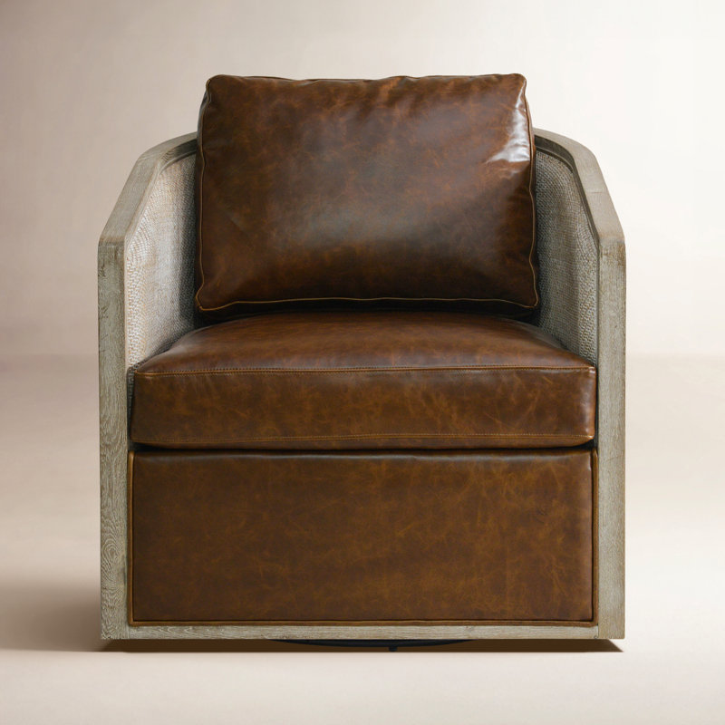  Fauteuil demi-tonneau pivotant en cuir véritable et bois de chêne, Cuir véritable café