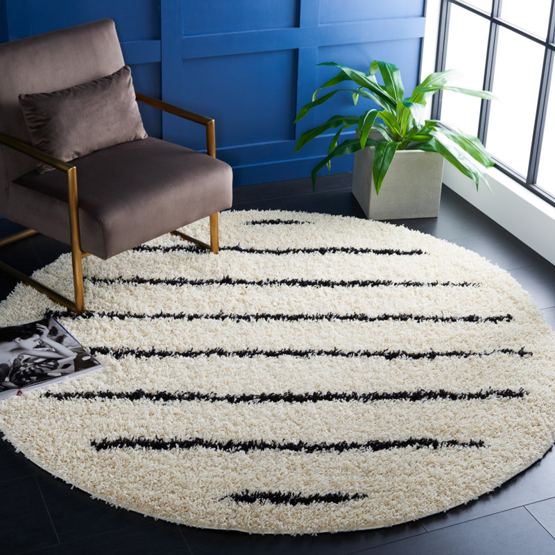 Chandless Striped Ivory/Black Area Rug, Round 6'7"